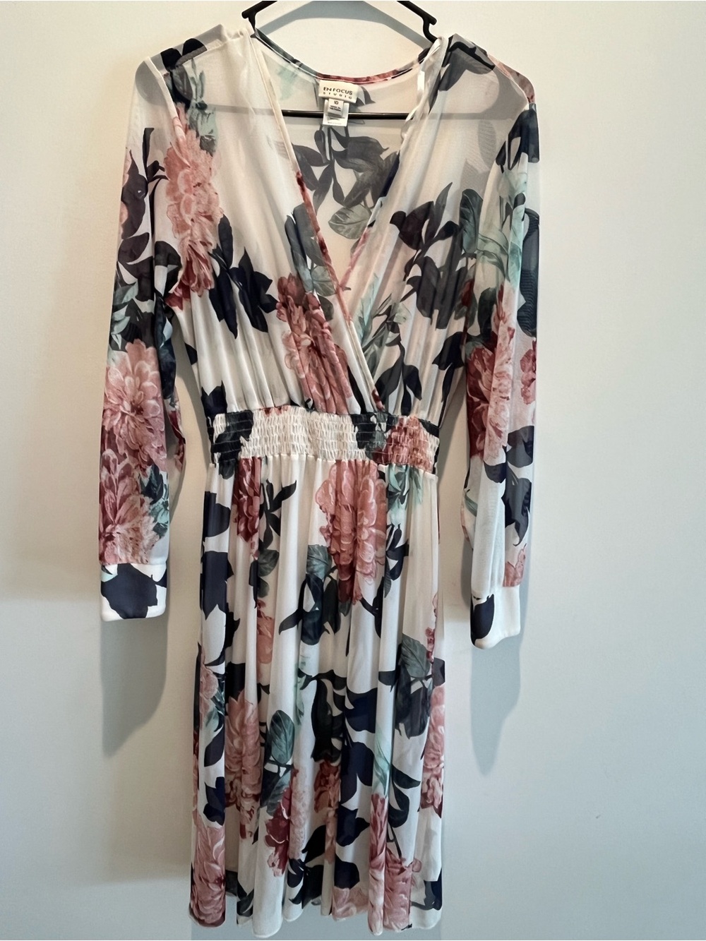 Studio Floral Long Sleeve Wrap Dress in Blush, Navy and Green